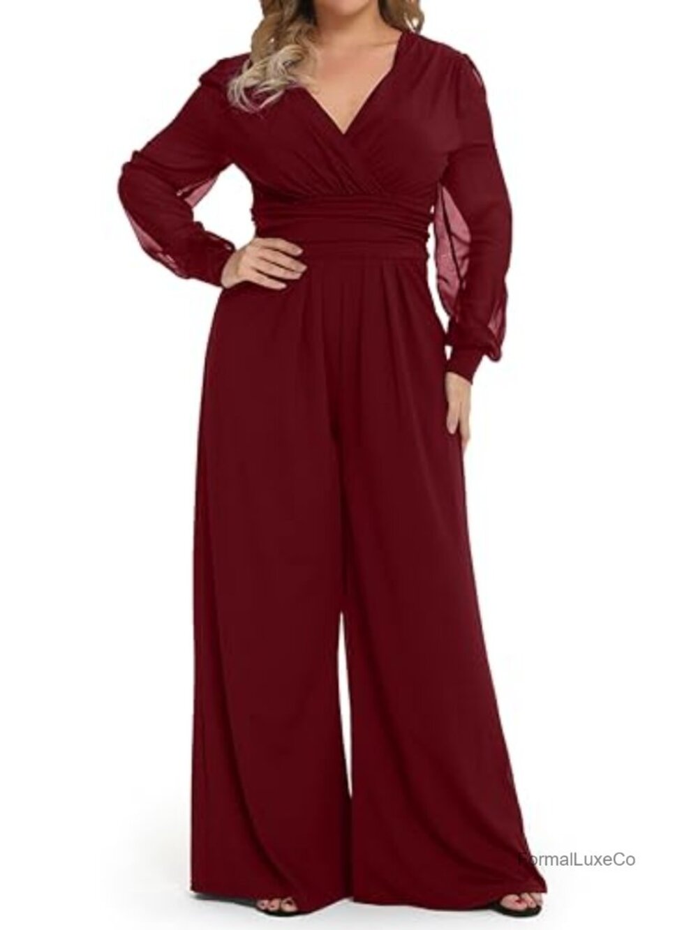Plus Size Mesh Sleeve Wrap Jumpsuit Wide Leg Stretch